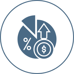 Pie chart with percentage, dollar, arrow symbols.