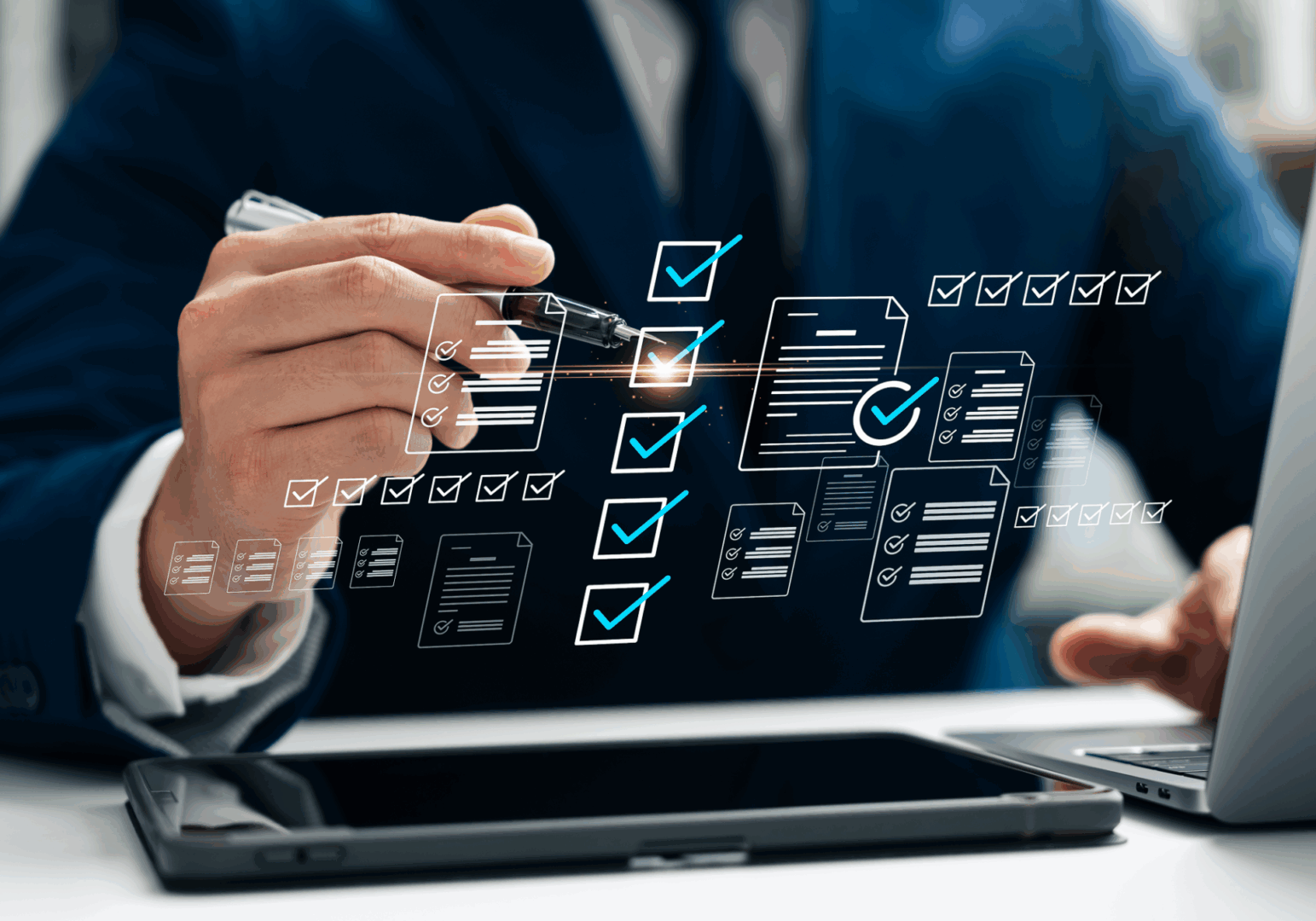 Businessman reviewing digital checklist on tablet.